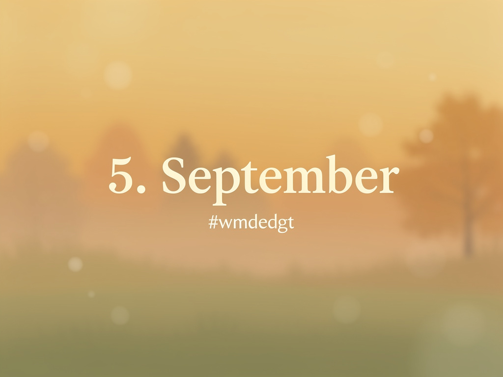 Ein unscharfes Bild mit warmen, gelb-grünen Farbtönen im Hintergrund. Im Vordergrund steht in weißer Schrift „5. September“ und darunter der Hashtag „#wmdedgt“.
