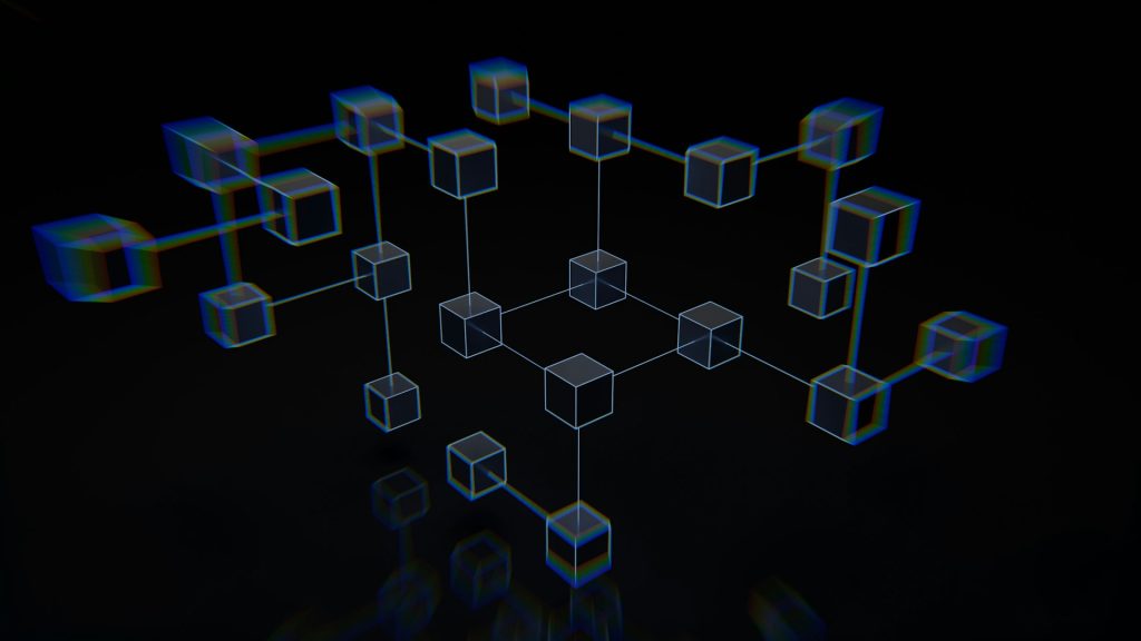Abstrakte Grafik: schillernde, durchscheinende Würfel, verbunden mit feinen Linien zu einem dreidimensionalen Netzwerk auf schwarzem Hintergrund symbolisieren ein Netzwerk.