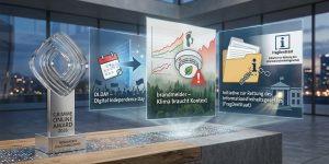 Abgedunkelter moderner Raum mit großen Fenstern und Stadtansicht im Hintergrund. Auf einem Holztisch im Vordergrund steht eine gläserne Trophäe mit der Aufschrift „GRIMME ONLINE AWARD 2026 – Nominierte Digitalangebote". Darüber schweben drei transparente Displays: das erste mit Kalendersymbol und Binärcode beschriftet („DI.DAY – Digital Independence Day"), das zweite mit aufsteigendem Graph, Fußabdrücken und Warndreieck beschriftet („brandmelder – Klima braucht Kontext"), das dritte mit Ordner, Vorhängeschloss, Infossymbol und Regierungsgebäude beschriftet („Initiative zur Rettung des Informationsfreiheitsgesetzes (FragDenStaat))". Die Farbstimmung ist blau-grau-silbern mit einzelnen grünen und roten Akzenten. Personen sind nicht zu sehen.